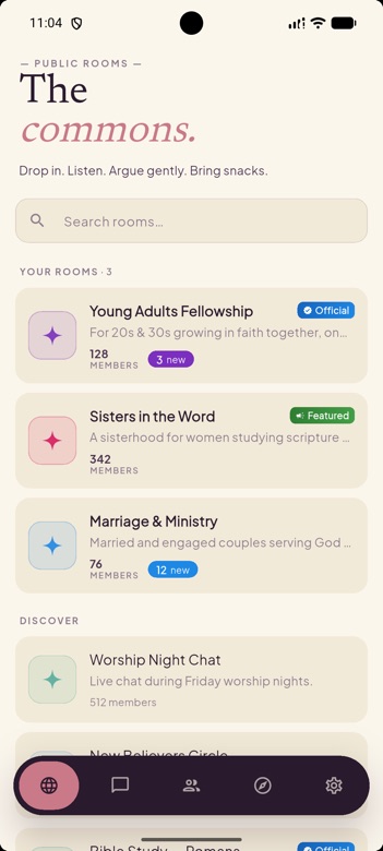 Public faith community rooms in the Denomidate Android app